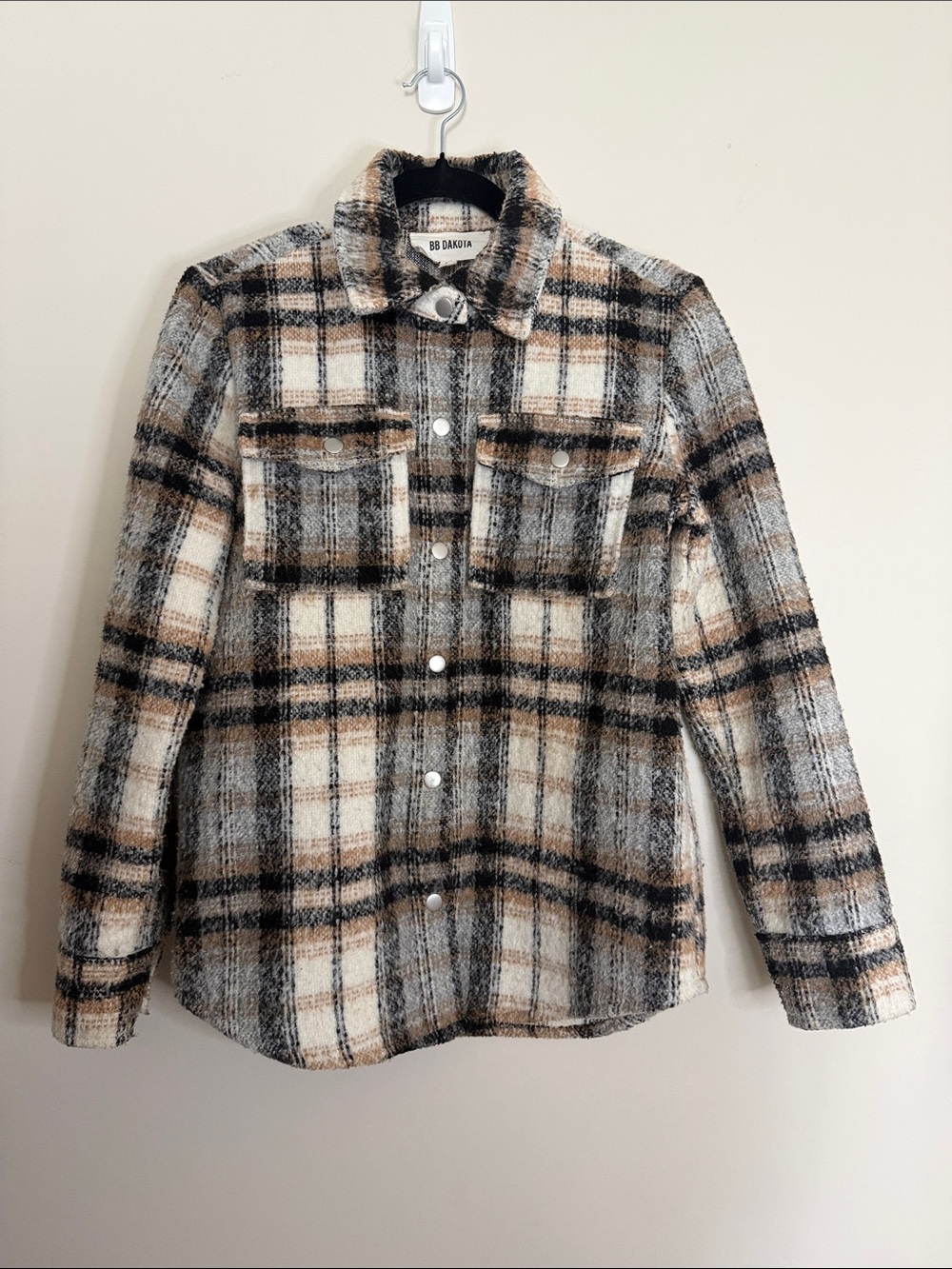 BB Dakota Plaid Shacket in Cream, Brown & Black